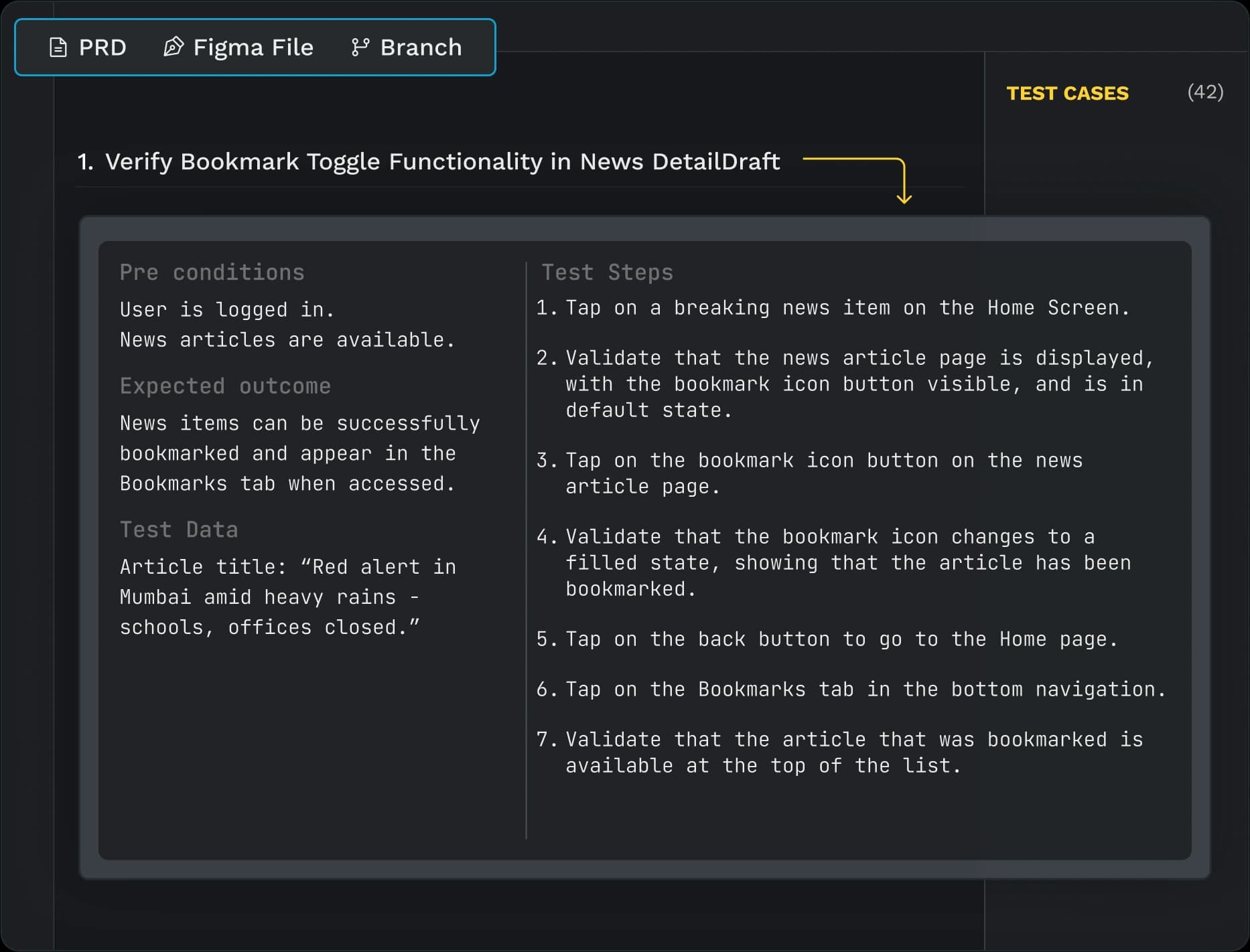 AI test generation interface