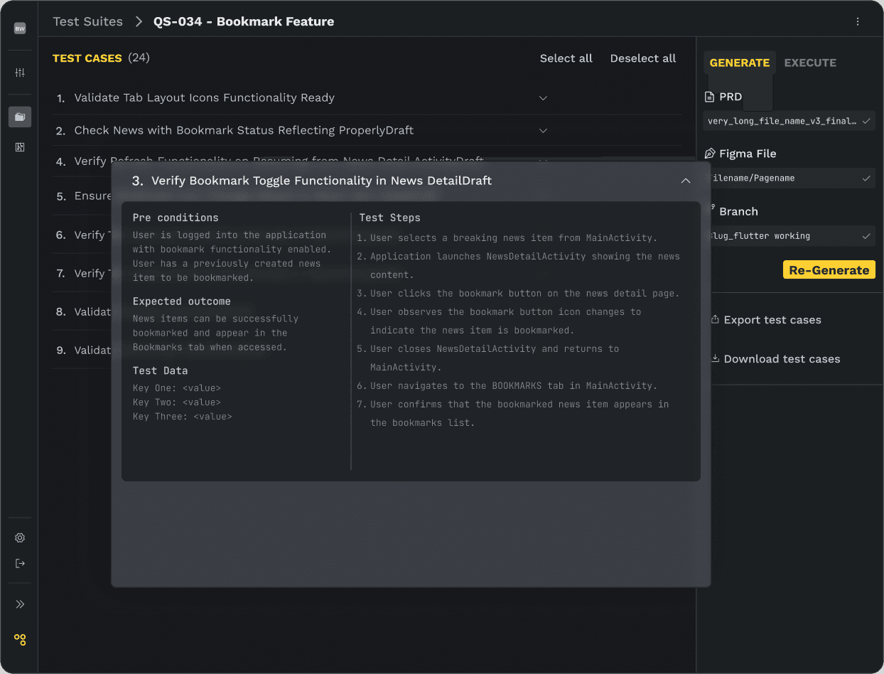 AI test generation interface