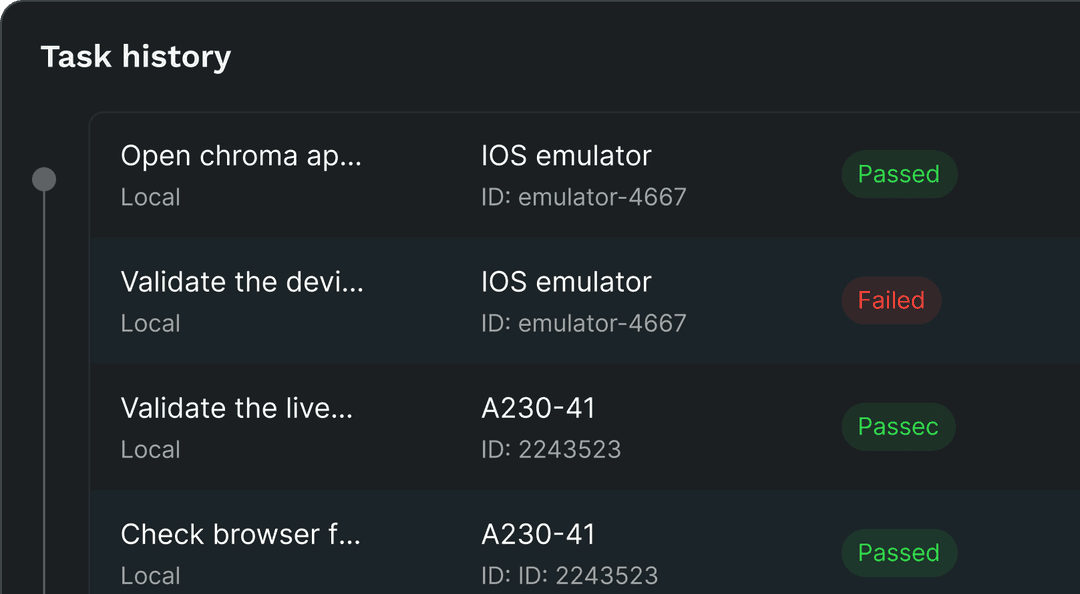 Task history and test execution